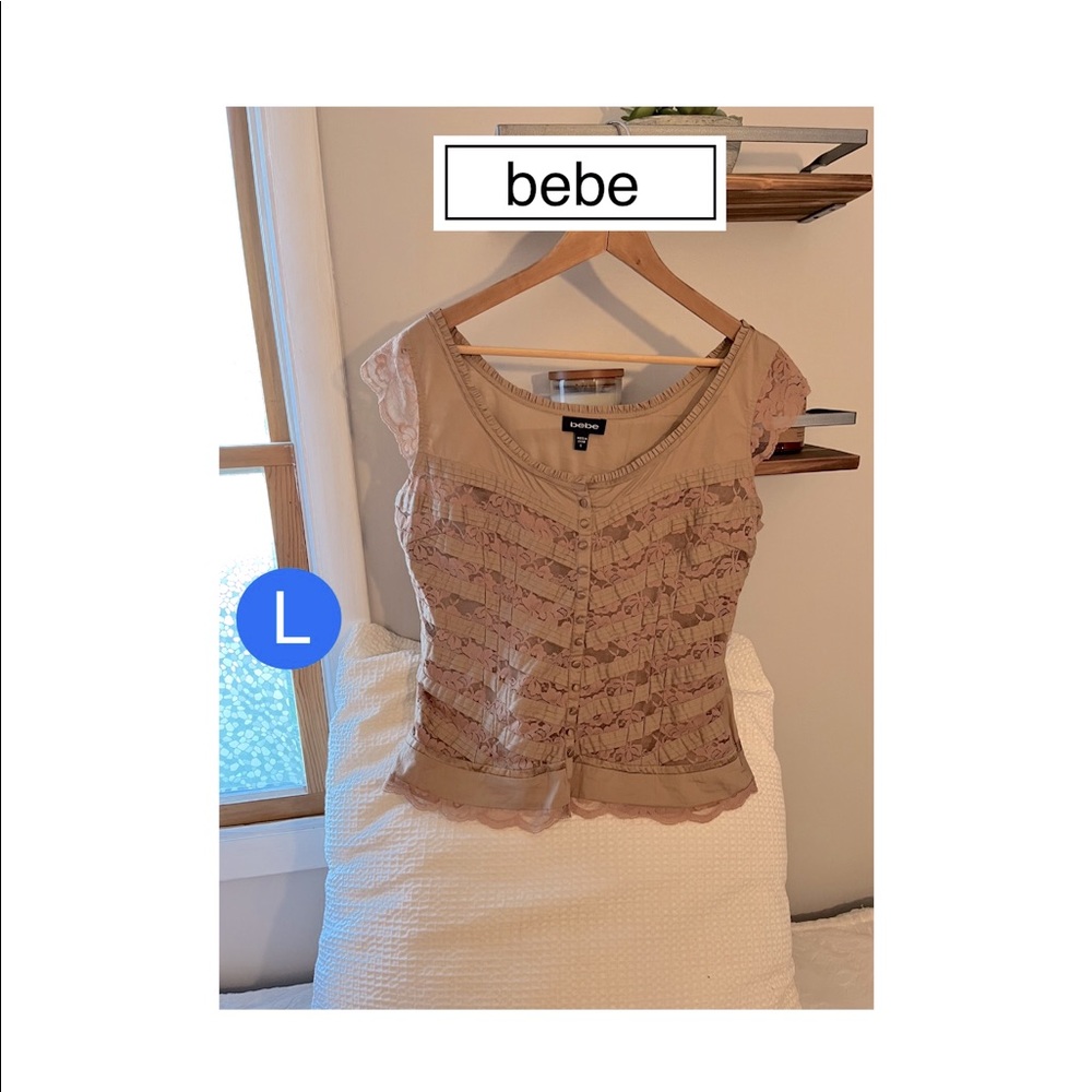 bebe Tan Lace button up Top L